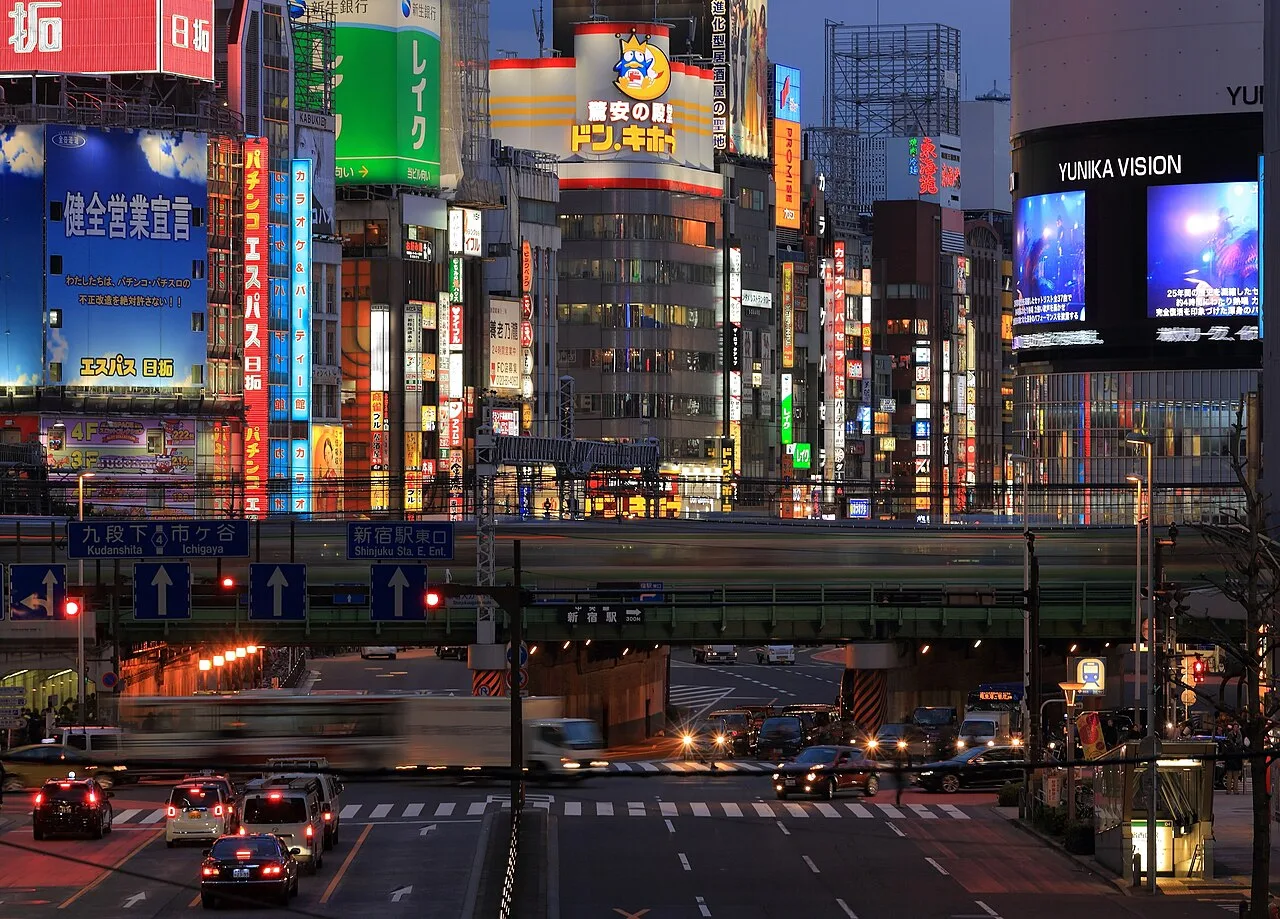 Neon-lit streets of Shinjuku at night, Tokyo