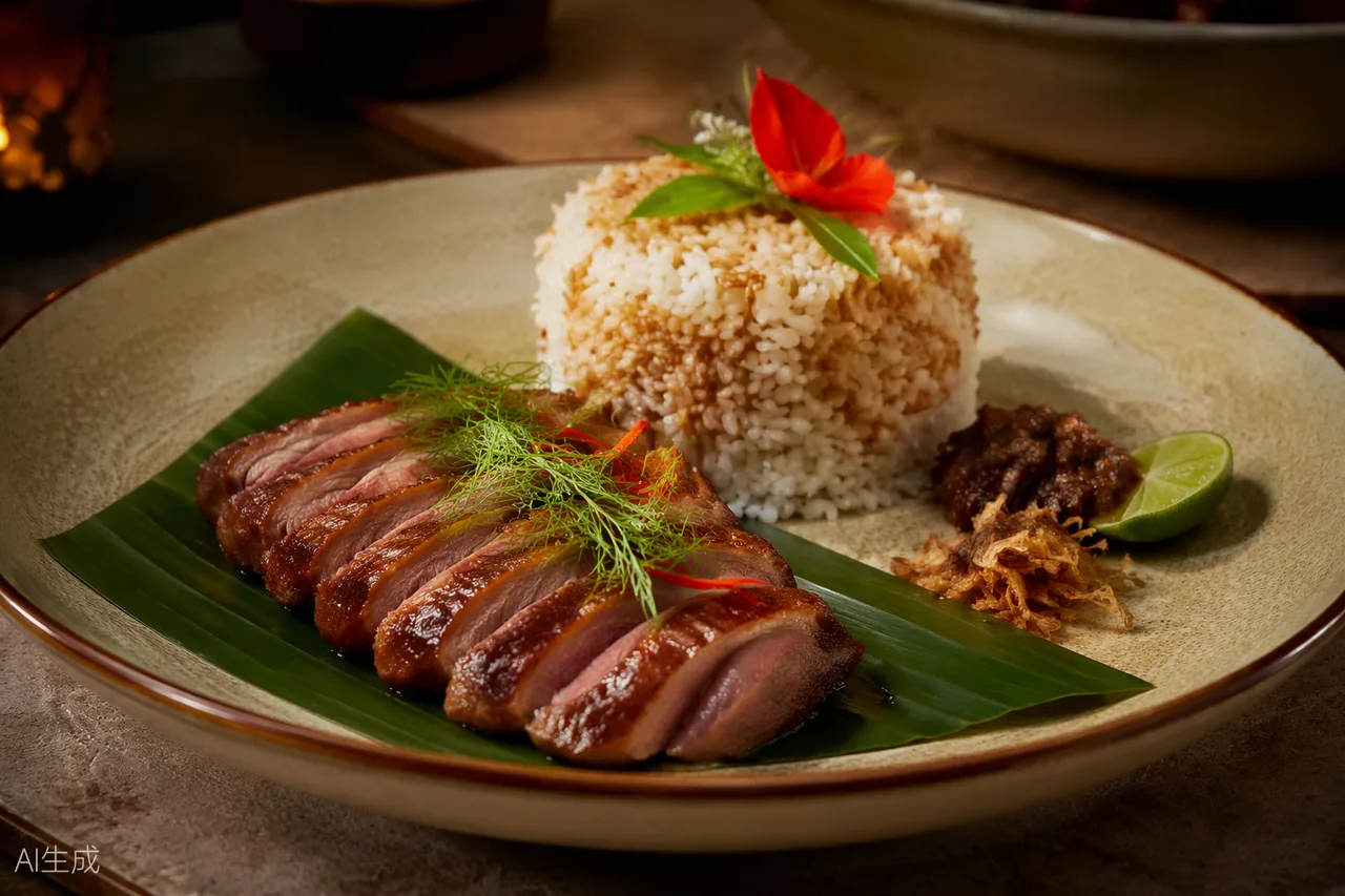 Malay dish in the style of De.Wan 1958, Kuala Lumpur (AI-generated illustration)