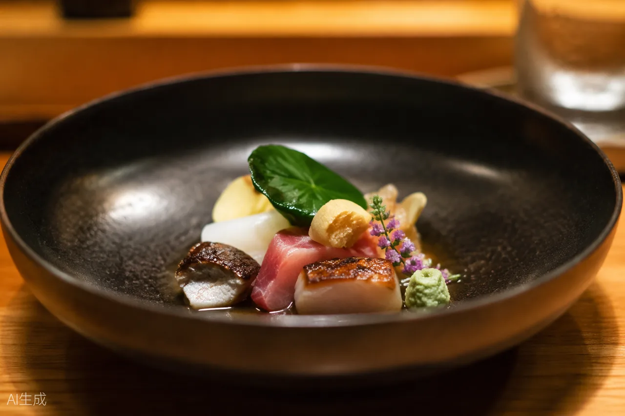 Kaiseki dish in the style of Ginza Shinohara, Tokyo (AI-generated illustration)