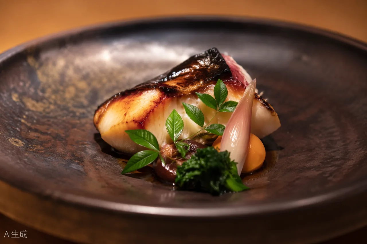 Japanese dish in the style of Japanese Cuisine RyuGin, Tokyo (AI-generated illustration)