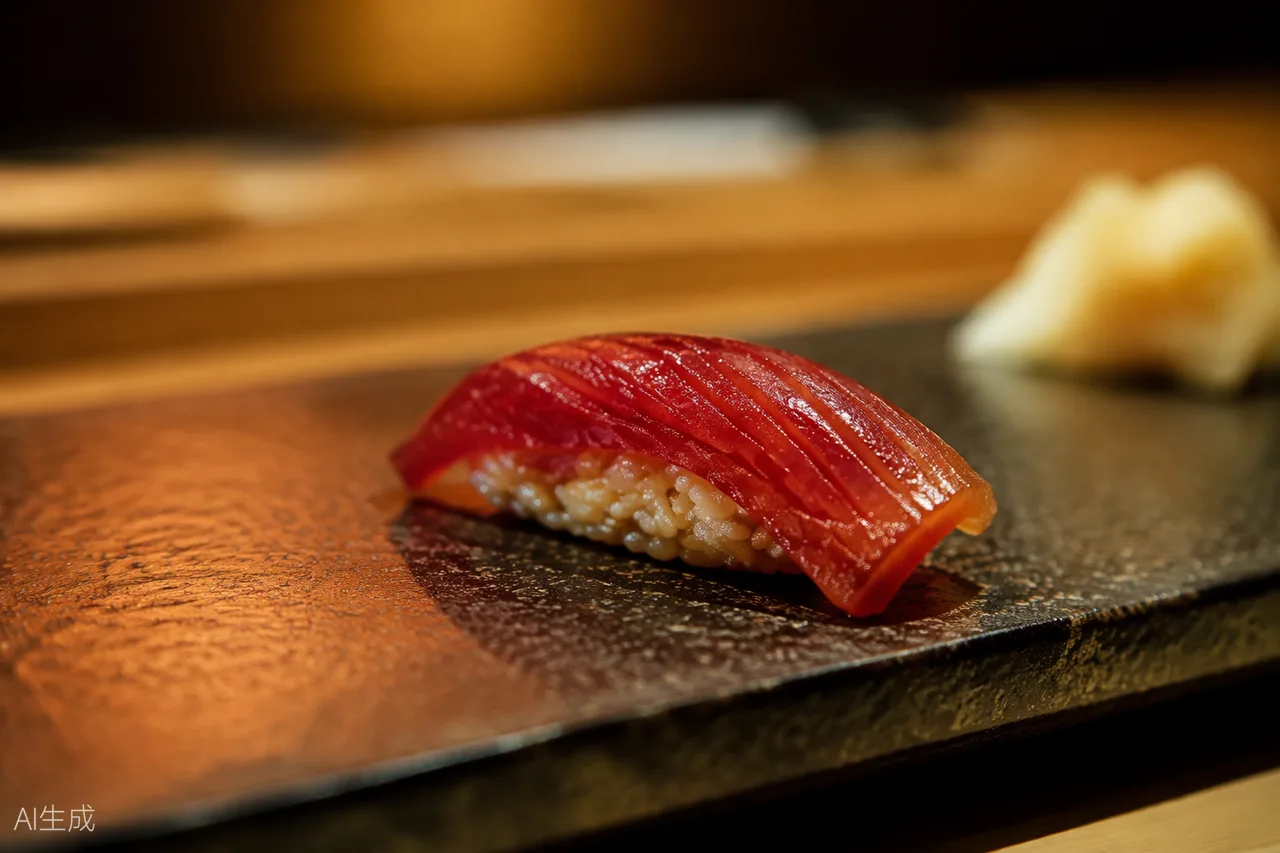 Sushi dish in the style of Sushi Yoshitake, Tokyo (AI-generated illustration)