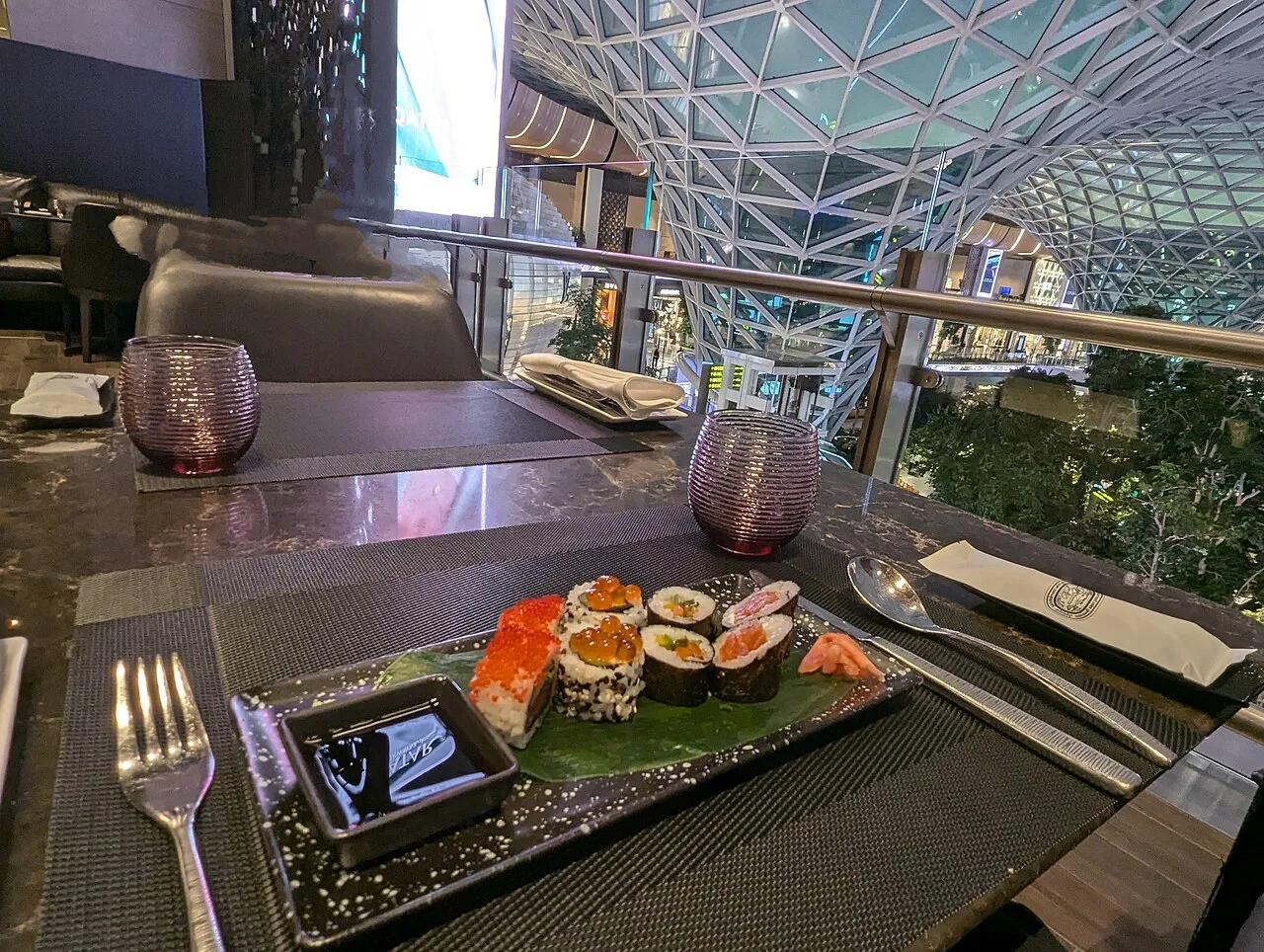 Halal à la carte and premium hot buffet selection at Qatar Airways Al Mourjan Business Lounge Doha.