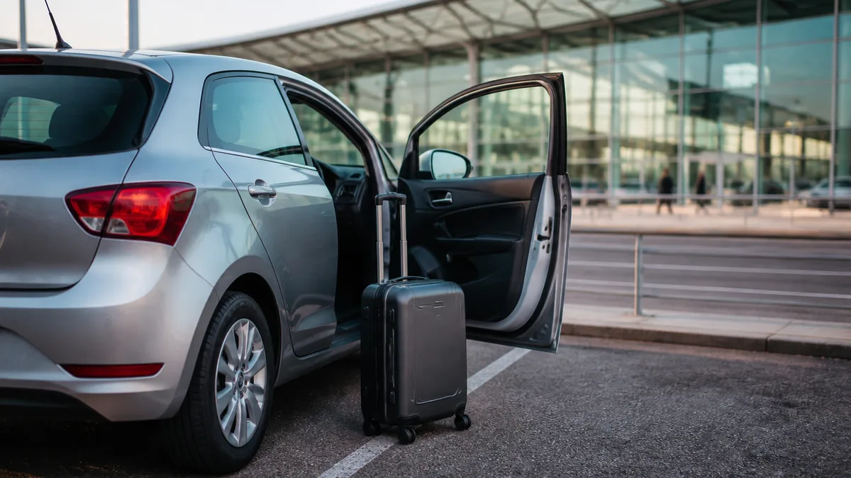 Compact rental car at an airport car-hire forecourt with suitcase and keys — car hire guide for UK travellers (AI-generated illustration)