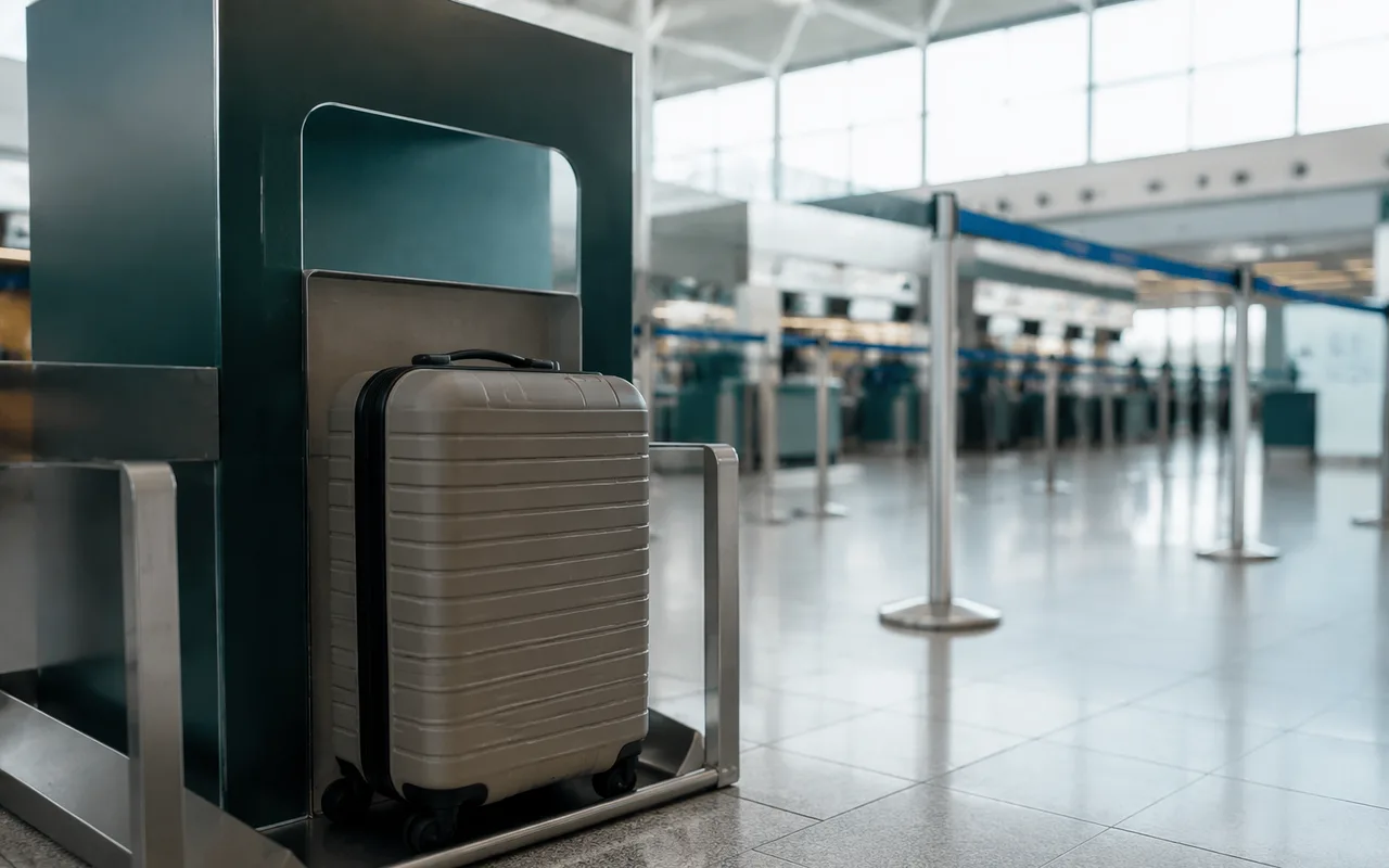 Cabin suitcase at a UK airport carry-on size gauge — carry-on luggage size limits for UK airlines in 2026