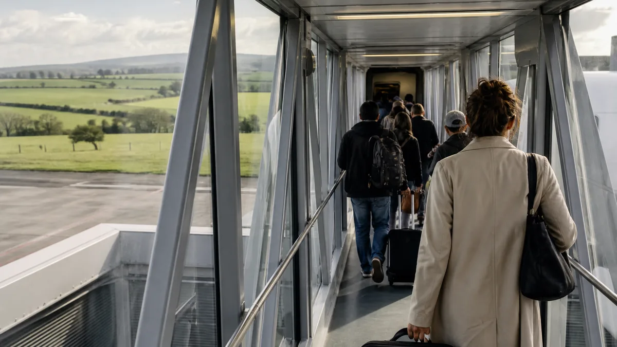 Boarding bridge and airport glass with Irish countryside light — Aer Lingus UK passengers 2026 guide (AI-generated illustration)