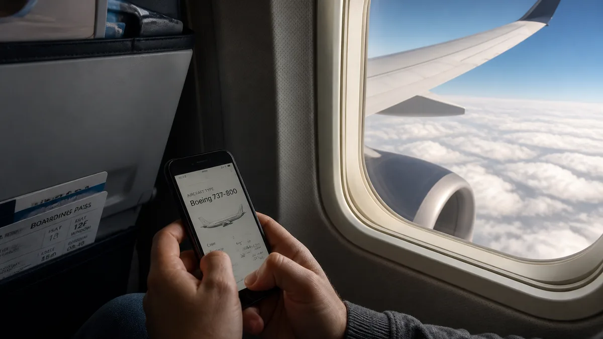 Passenger checking aircraft type on a phone beside a wing view — what plane is my flight guide (AI-generated illustration)