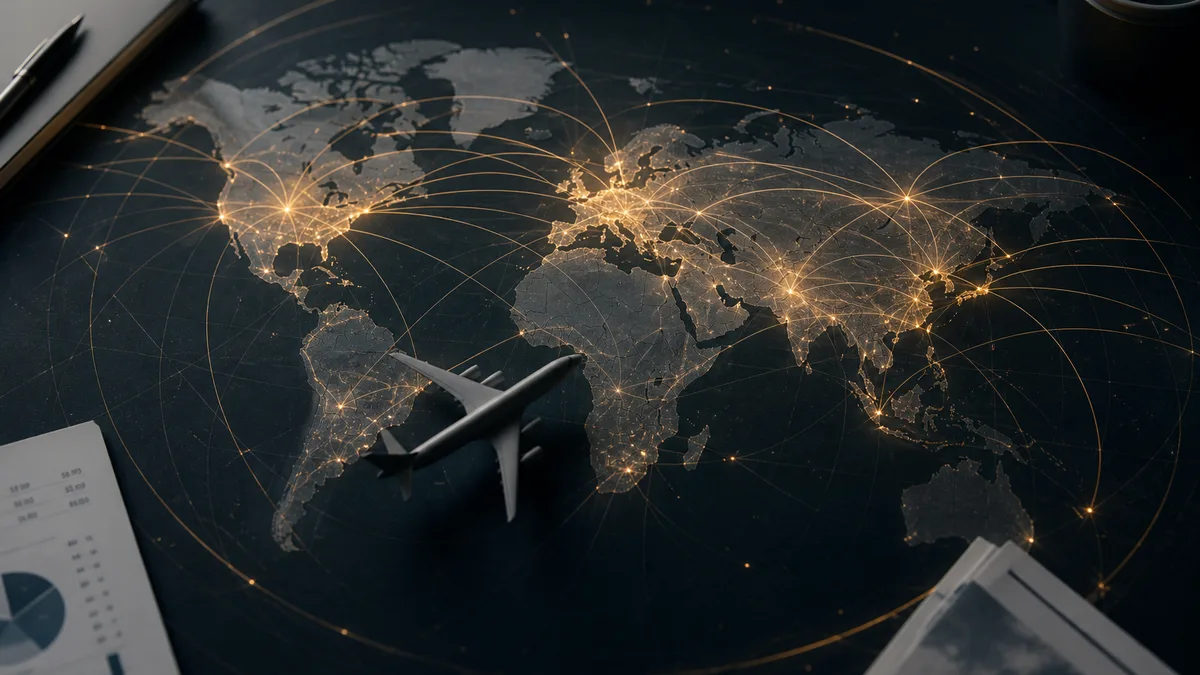 Glowing world flight-path map on a desk — why airlines launch and cut routes (AI-generated illustration)
