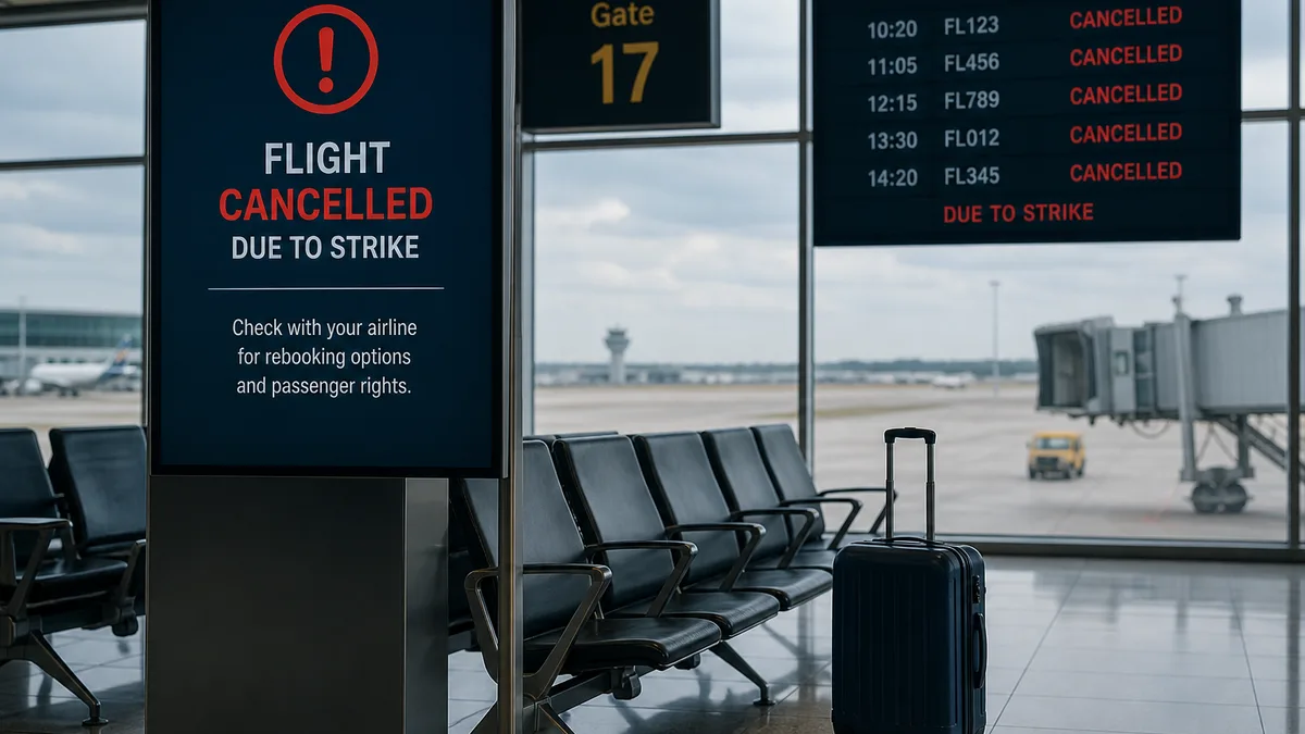 Quiet airport gate with suitcase during a cancelled-flight wait — WestJet strike passenger rights guide (AI-generated illustration)