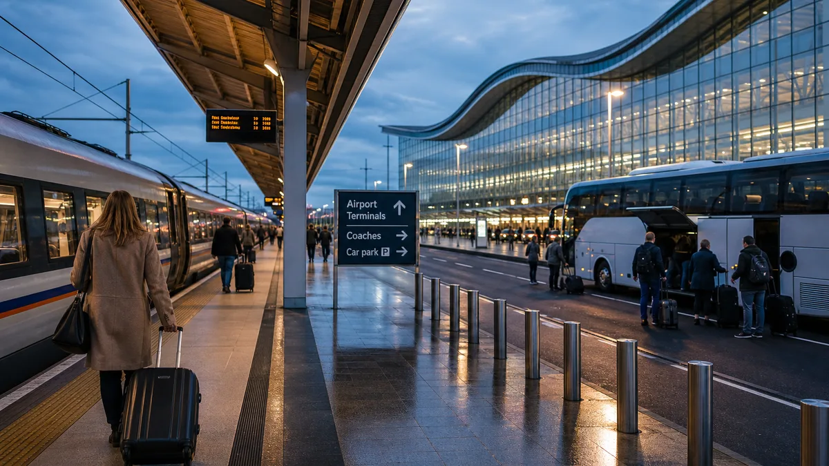 UK airport train platform and coach bay outside a glass terminal — airport transfers guide (AI-generated illustration)