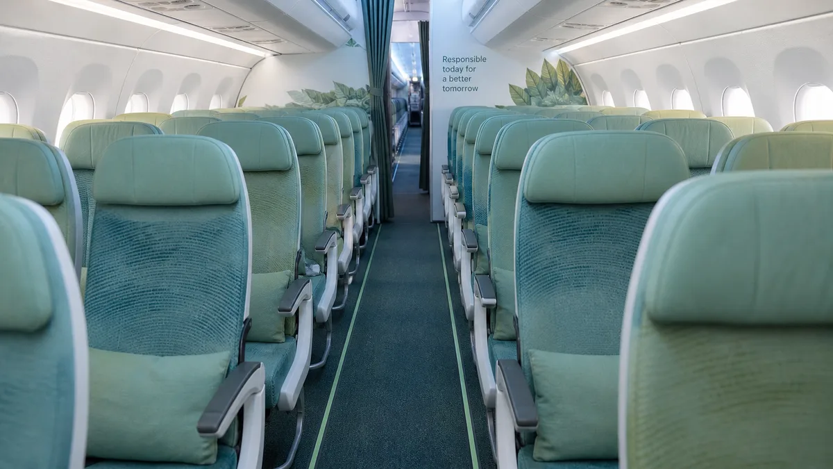 Modern aircraft cabin suggesting cleaner aviation — UK sustainable aviation fuel mandate and tickets guide (AI-generated illustration)