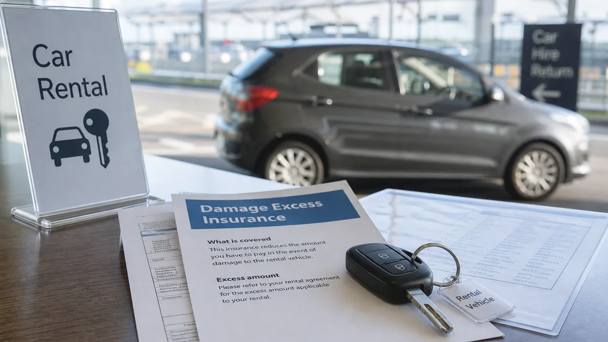 Car hire keys and excess insurance documents at a rental desk — car hire excess insurance UK guide (AI-generated illustration)
