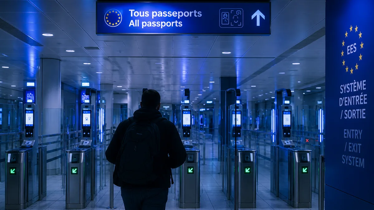 Biometric e-gate corridor at a European airport — EU Entry/Exit System for UK travellers (AI-generated illustration)