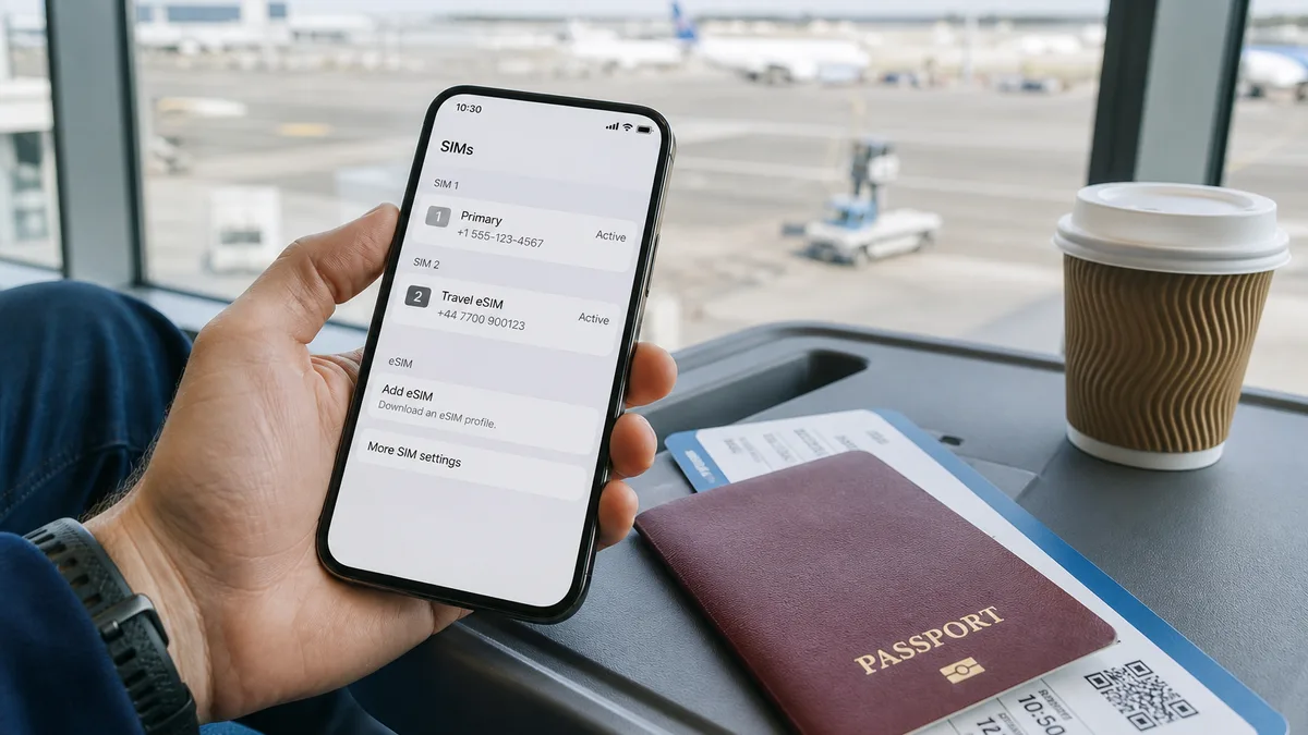Smartphone with dual-SIM setup beside passport at an airport gate — eSIM vs roaming for UK travellers (AI-generated illustration)