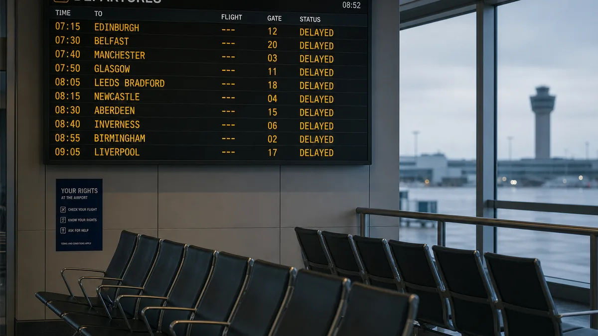 Airport departure board with delayed flights — Ryanair UK261 compensation claim guide (AI-generated illustration)