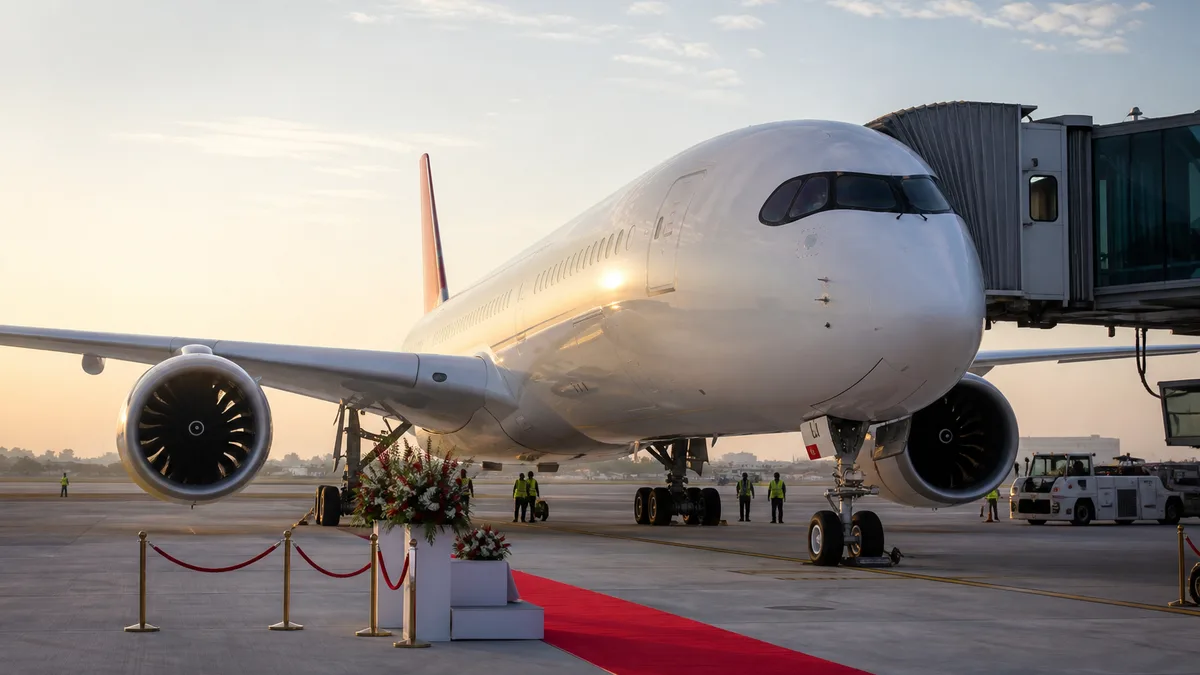 New commercial airliner at a gate on a route-launch morning — inaugural flights guide (AI-generated illustration)