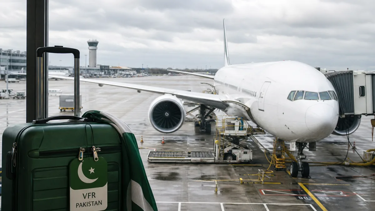 Long-haul aircraft at a UK airport gate for Pakistan VFR travel — PIA UK flights 2026 guide (AI-generated illustration)