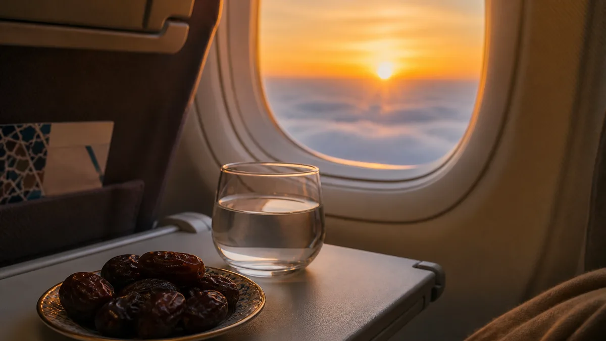 Dates and water on an airline tray table at sunset — flying while fasting Ramadan guide (AI-generated illustration)