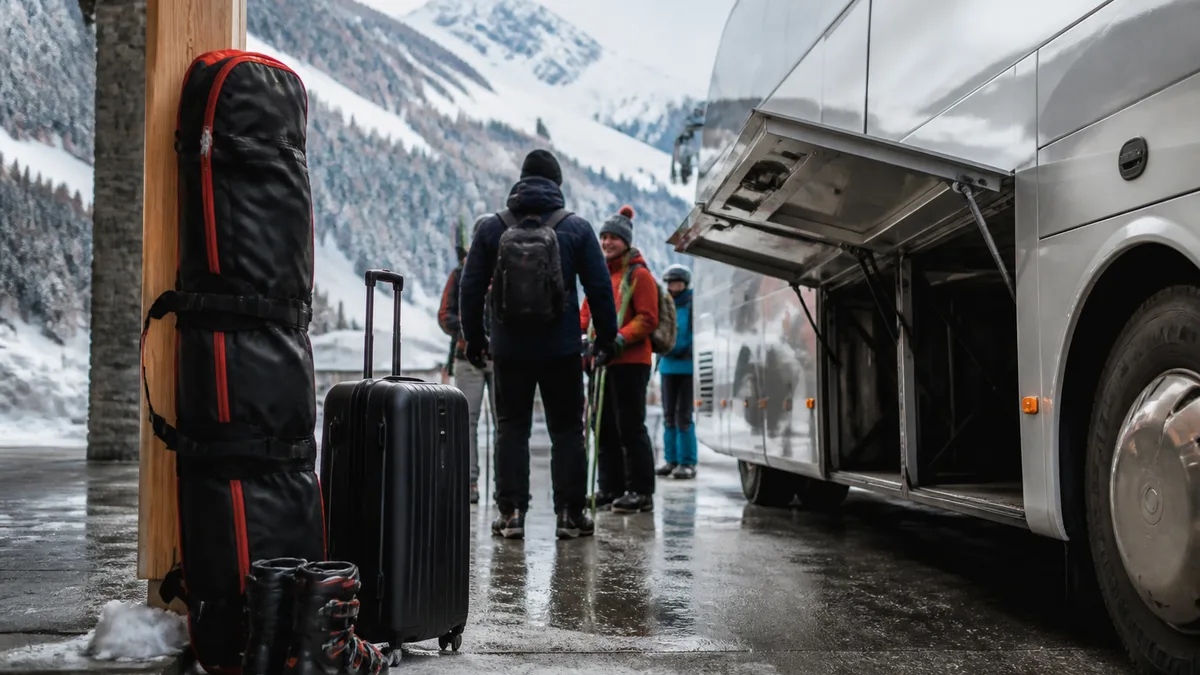 Ski bag and boots at a snowy alpine airport transfer — Jet2 winter ski flights guide (AI-generated illustration)