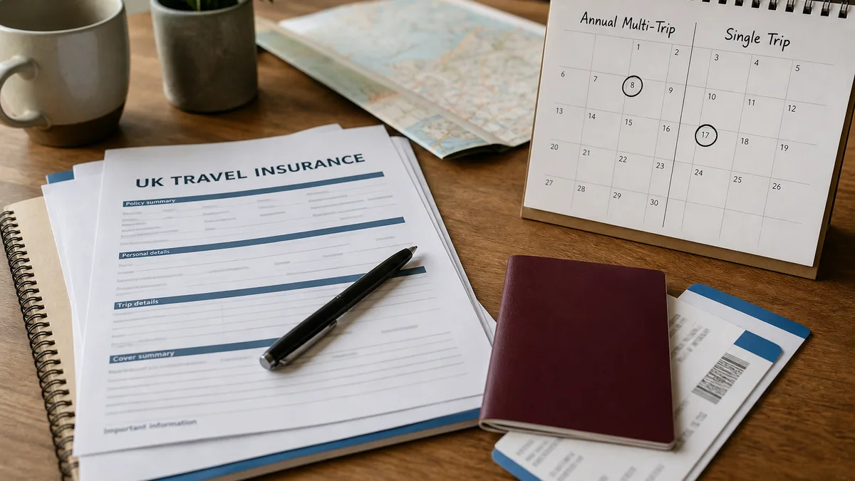 Passport, boarding pass and travel insurance documents with a calendar — annual vs single-trip cover for UK travellers (AI-generated illustration)