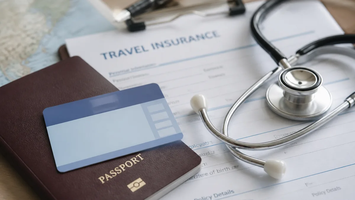 Passport and travel insurance paperwork with medical planning cues — pre-existing conditions cover for UK travellers (AI-generated illustration)