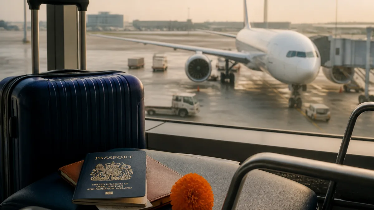Suitcase and passport with warm UK–India journey cues at an airport — IndiGo long-haul plans guide (AI-generated illustration)