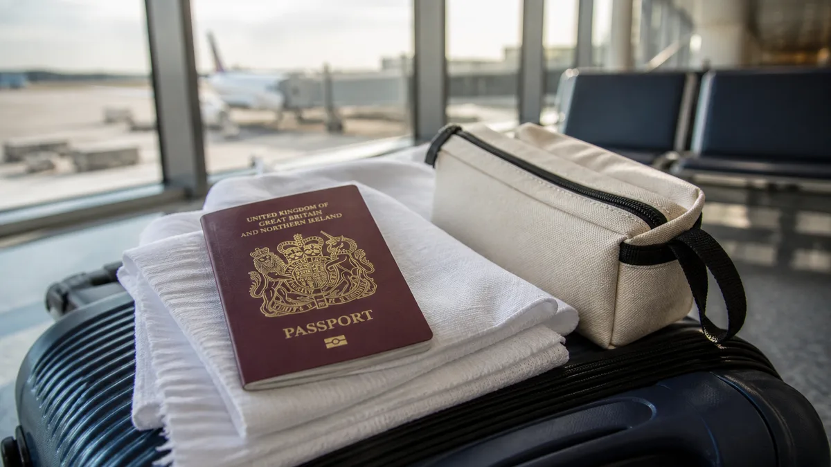 British passport and travel pouch packed for Umrah departure — Umrah from the UK logistics guide (AI-generated illustration)