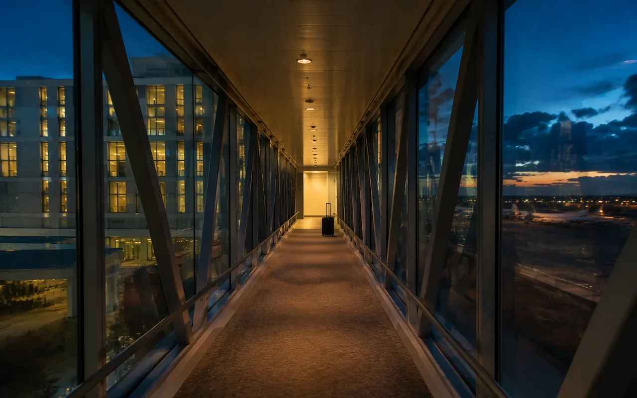 Gatwick South Terminal at dawn with an in-terminal hotel above the departures hall — where to stay near Gatwick before an early flight