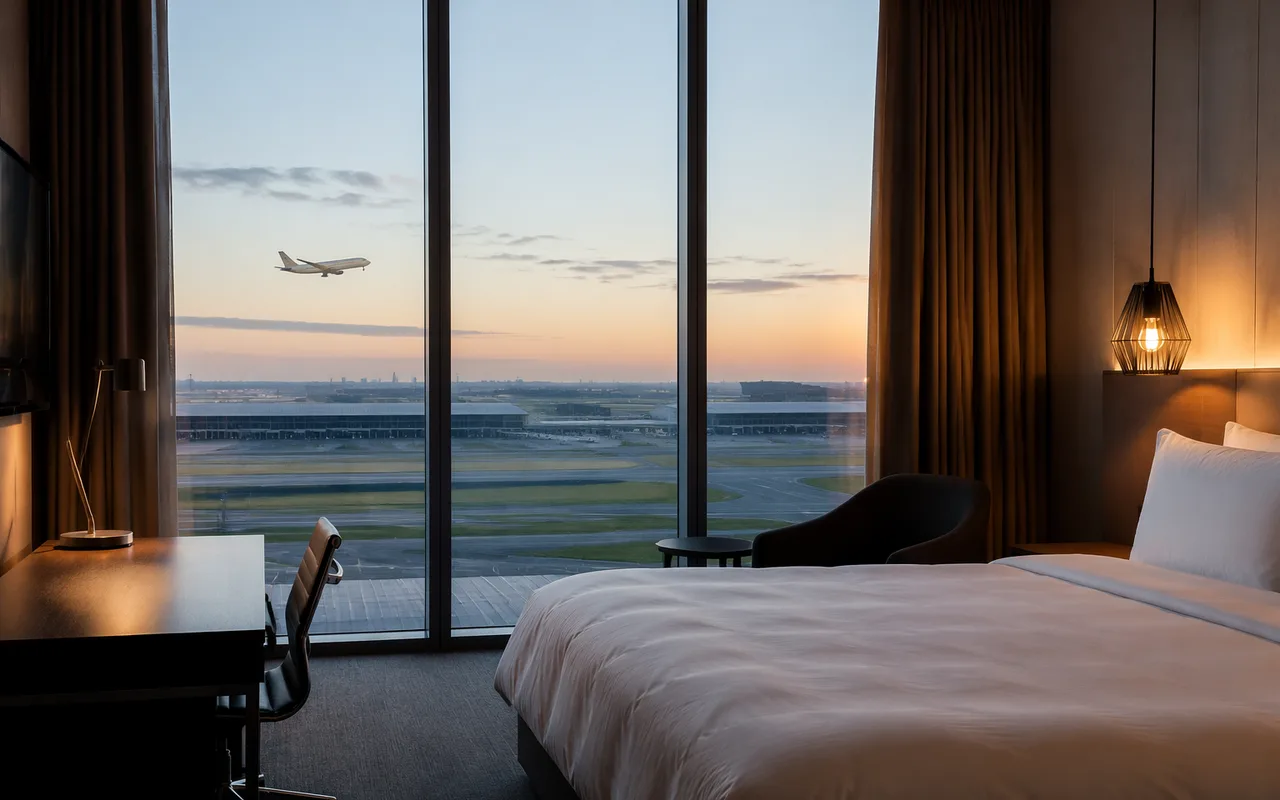 Airport hotel room overlooking the runway at dawn — where to stay near Heathrow before an early flight