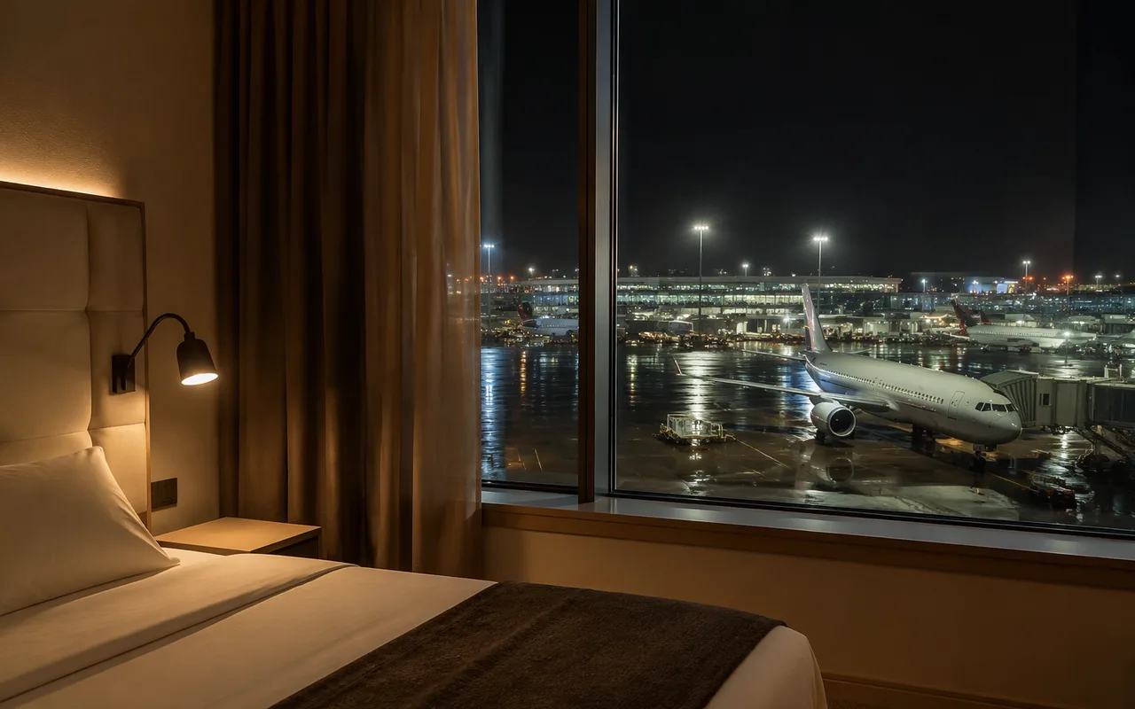 Covered Skylink walkway at Manchester Airport at first light — where to stay near Manchester Airport before an early flight