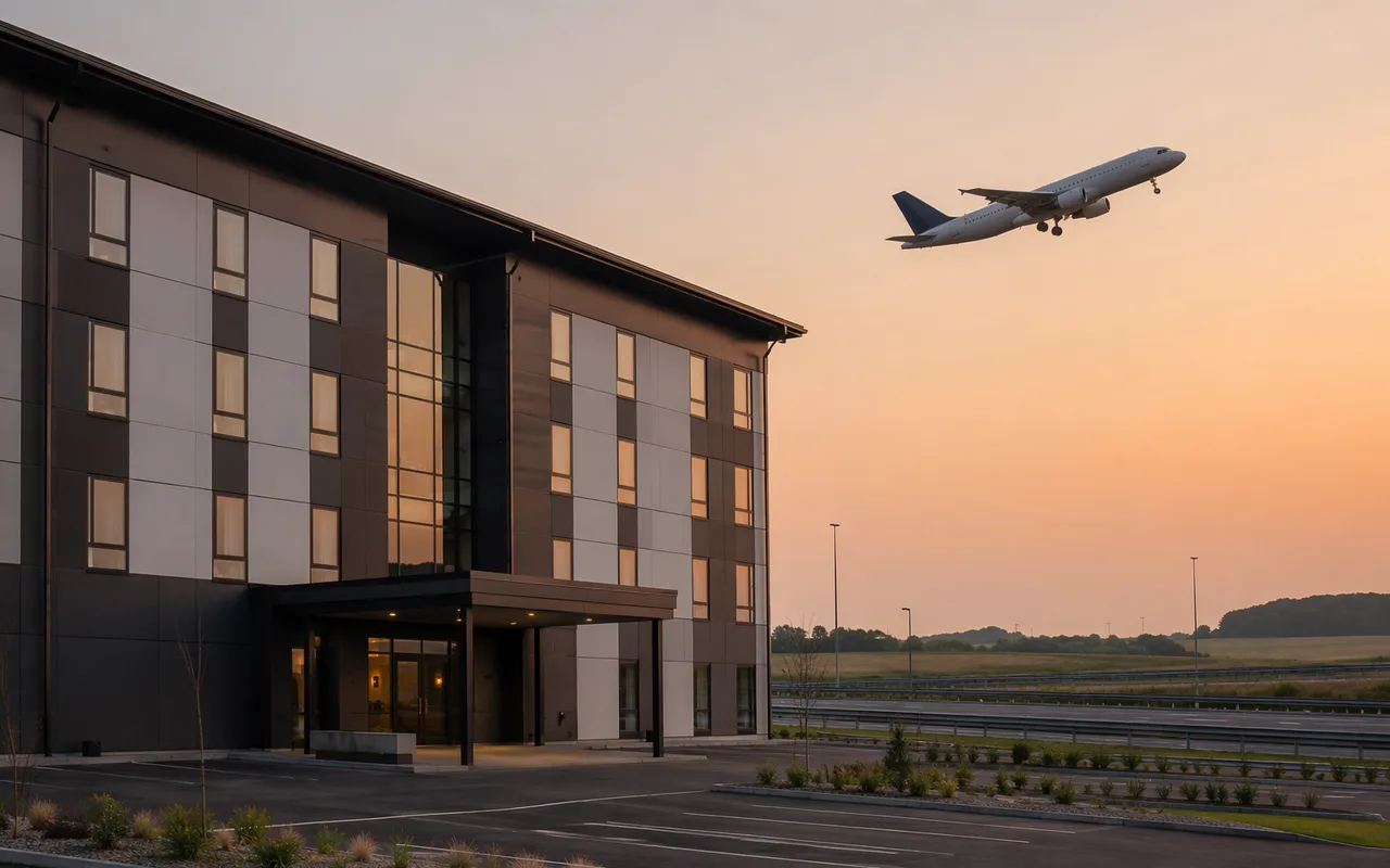 Stansted terminal at pre-dawn with a hotel walkway sign — where to stay near Stansted before an early flight