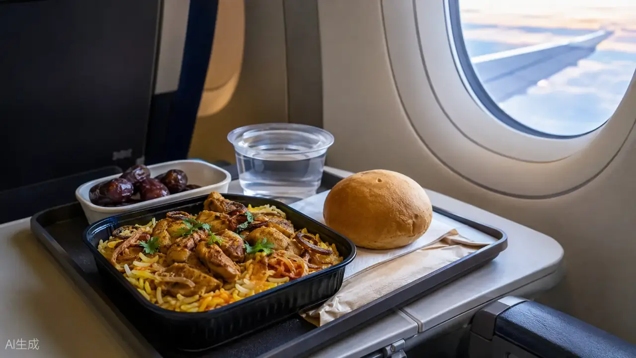 Airline tray with a halal MOML meal — chicken biryani, dates and water — beside an aircraft window (AI-generated illustration)