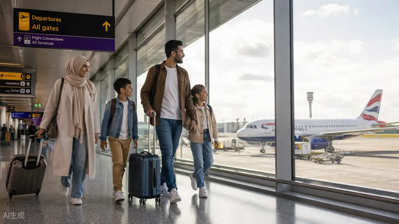 Muslim family with luggage walking through a bright UK airport departures hall, aircraft on the apron outside (AI-generated illustration)