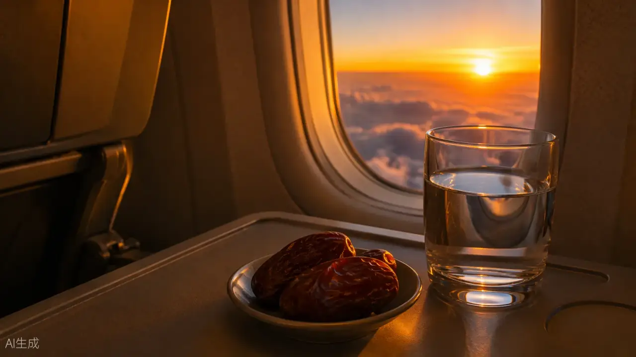 Iftar at 35,000 feet — dates and water on an airline tray table at sunset (AI-generated illustration)