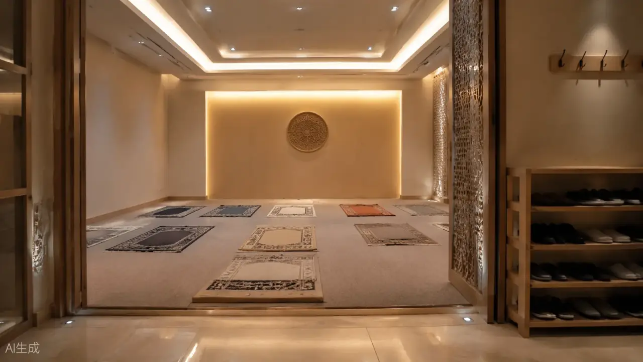 Calm multi-faith airport prayer room with prayer mats, soft lighting and a shoe rack at the entrance (AI-generated illustration)
