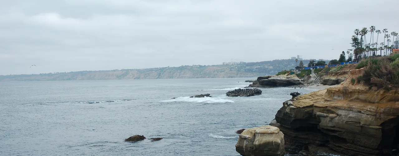 Sandstone cliffs and coastline at La Jolla Cove looking north toward Torrey Pines