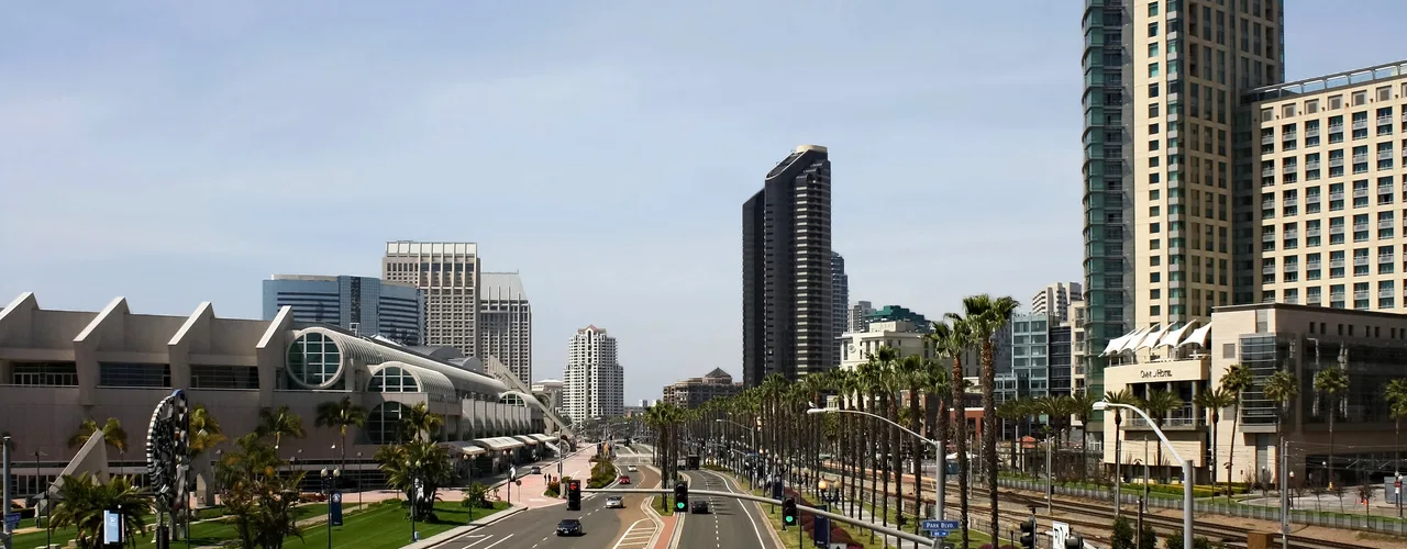 Harbor Drive along San Diego Bay with downtown towers beyond