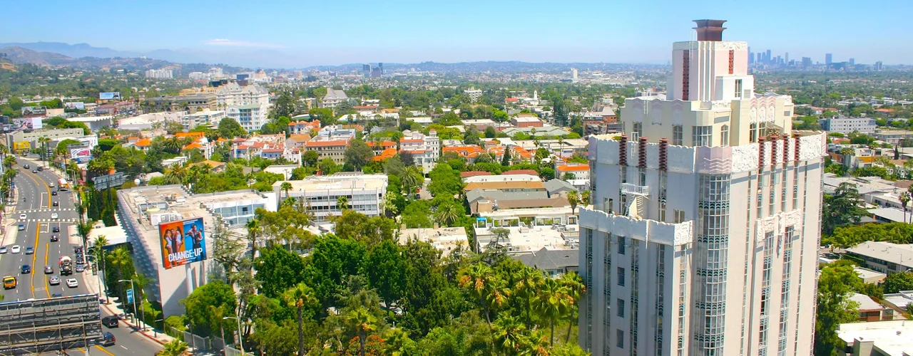 Art Deco hotel tower on Sunset Boulevard in West Hollywood