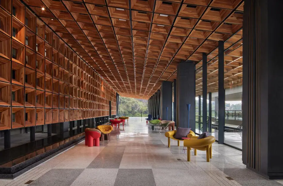 Timber-lattice lounge pavilion at The Gaia Hotel Bandung