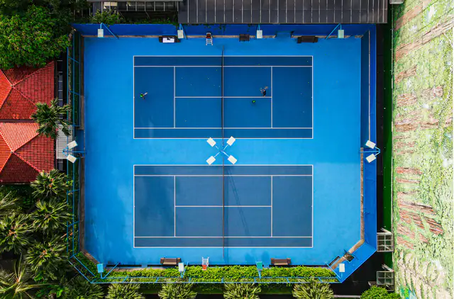 Aerial view of the blue hard court at Grand Hyatt Jakarta