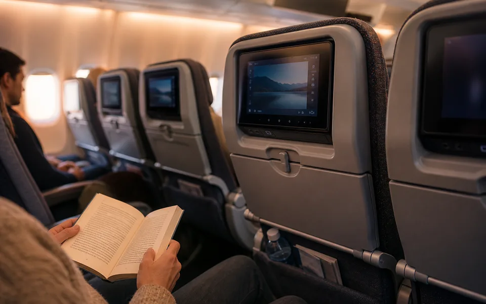 Long-haul economy cabin with seatback screens — best economy class airlines ranking (AI-generated illustration)