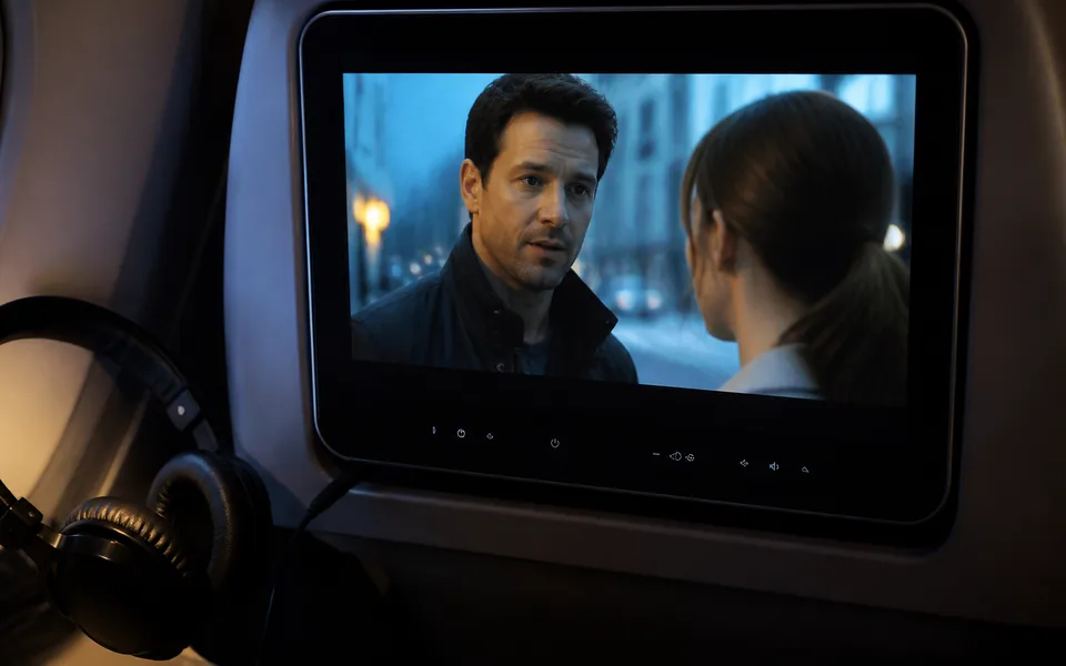 Seatback IFE screen playing a film in a darkened cabin — best in-flight entertainment ranking (AI-generated illustration)