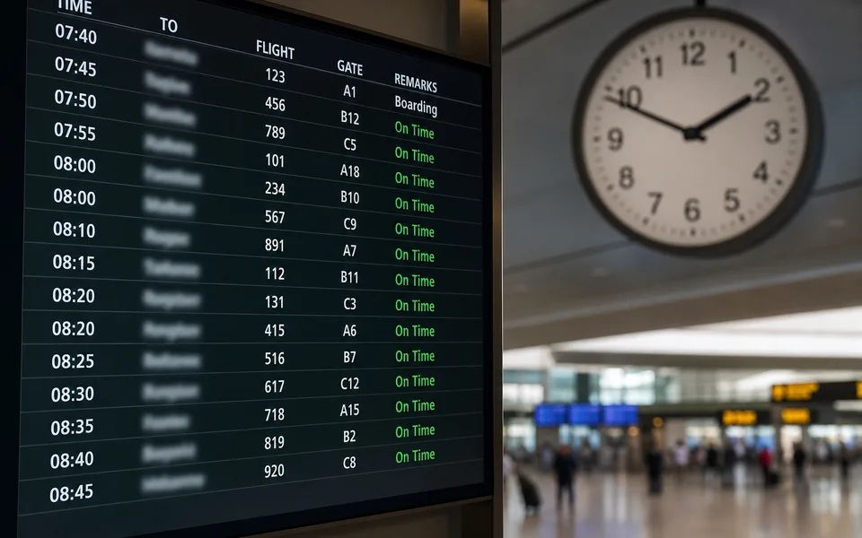 Airport departure board showing on-time flights — most punctual airlines ranking (AI-generated illustration)