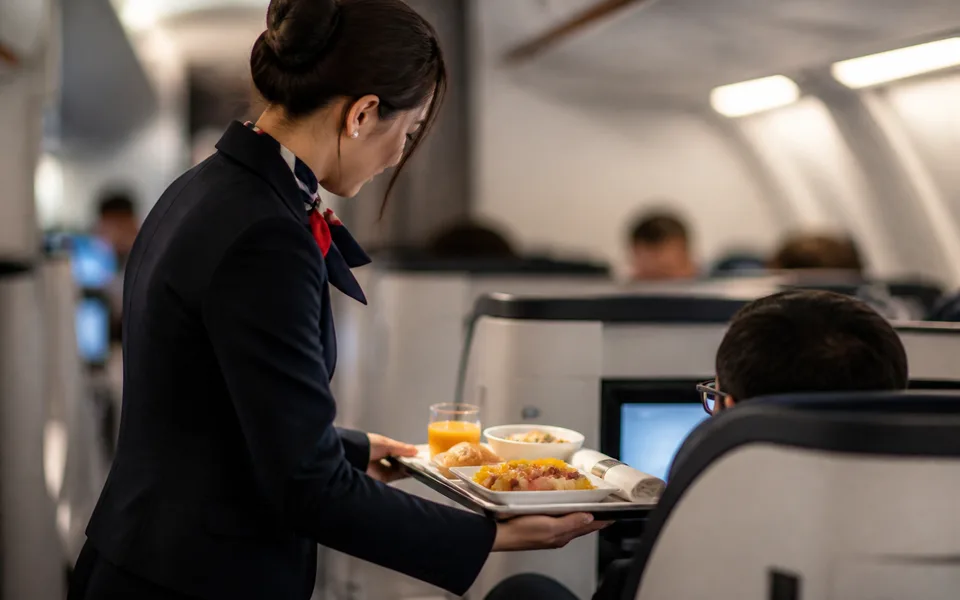 Cabin crew serving a meal tray in the aisle — best customer service airlines ranking (AI-generated illustration)