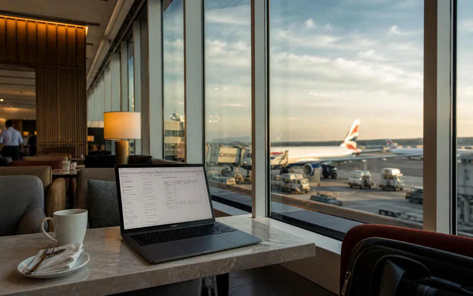 Airport lounge workspace with laptop and aircraft outside the window — UK airport Wi-Fi and lounge index (AI-generated illustration)