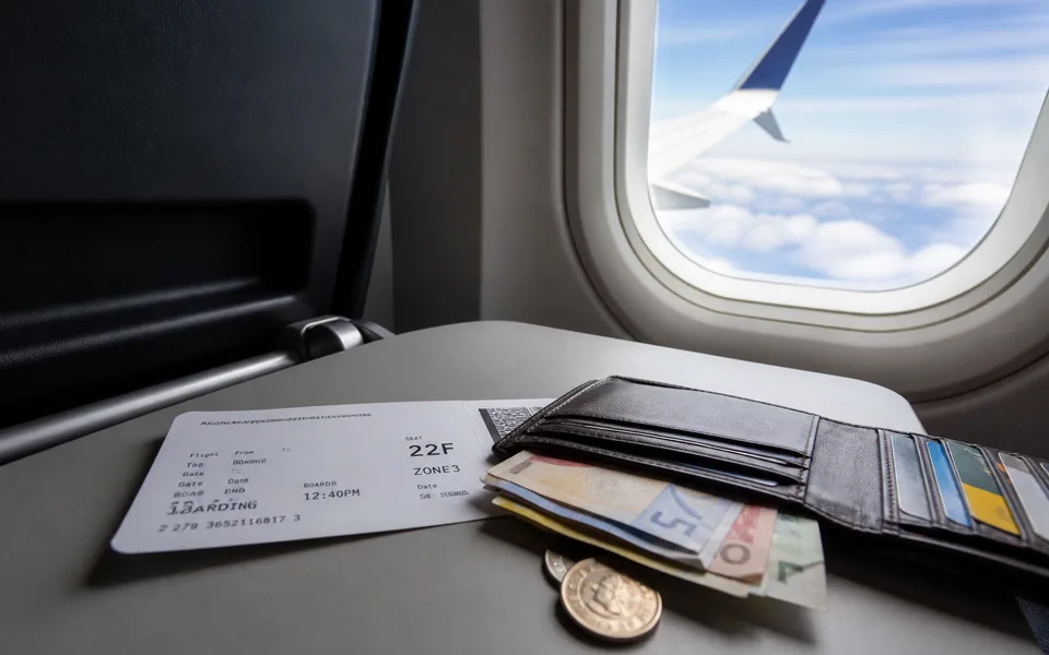 Boarding pass and wallet on a tray table with wing view — best value airlines ranking (AI-generated illustration)